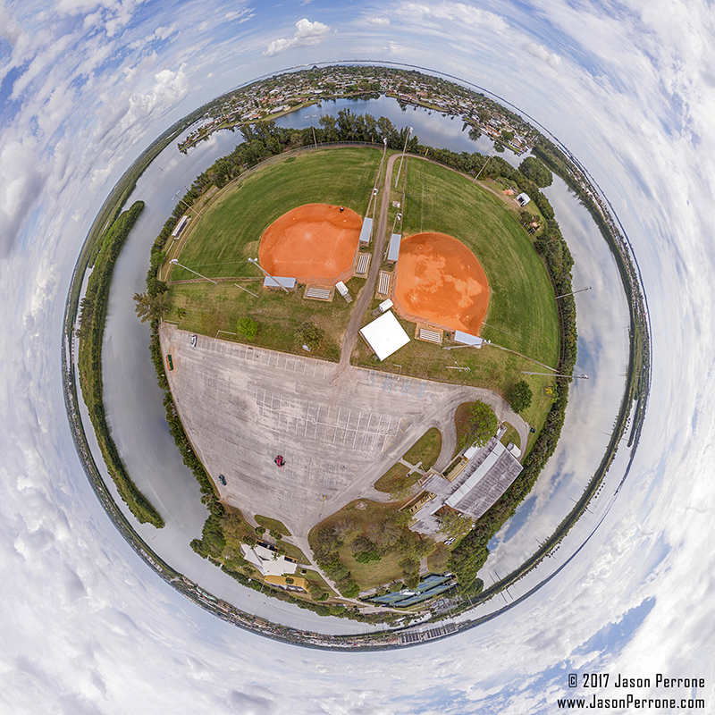 aerial 360 degree little planet image above kiwanis island in merritt island, florida