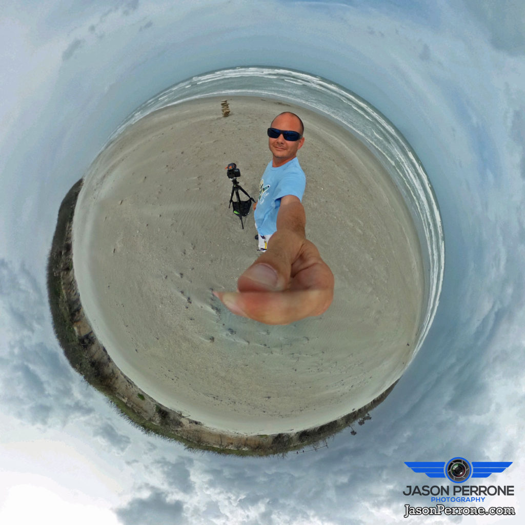 Using the Ricoh Theta S camera to capture a selfie while I capture a long exposure image on Cocoa Beach, Florida. 