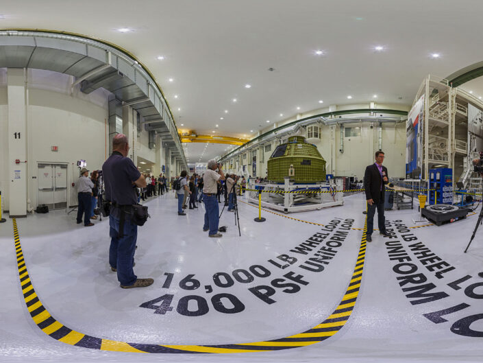 360-degree panoramic view of media gathering inside the Operations and Checkout Building at NASA's Kennedy Space Center to check out the Orion Space Capsule. Original file size is 435 megapixels. or 29500 x 14750 px. Image captured on Feb. 3rd 2016