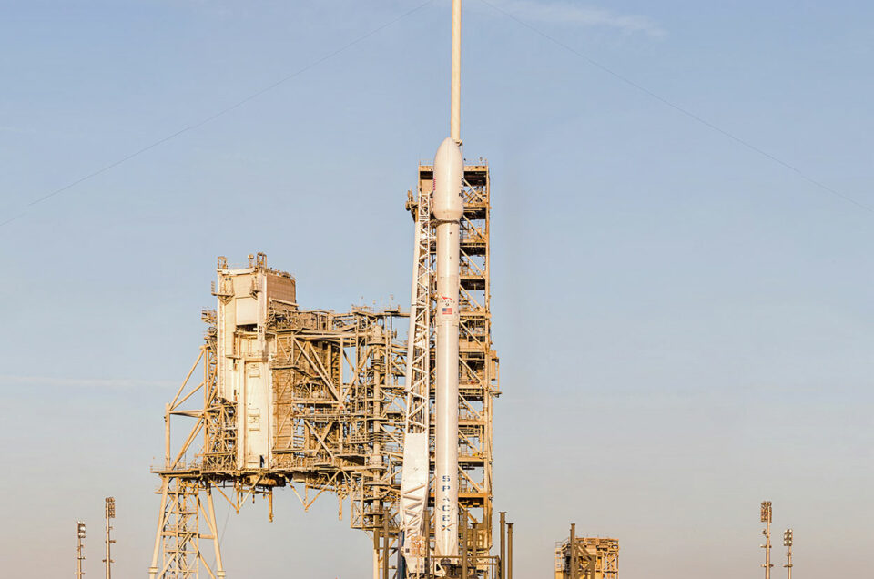 SpaceX Falcon 9 at launch complex 39-A just after sunrise for the SES-10 mission.