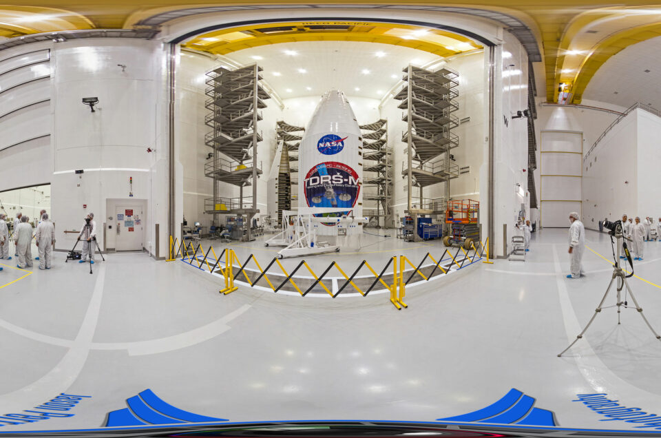 A 360-degree panoramic view inside the Astrotech clean room with the TDRS-M satellite prior to being encapsulated for launch. Image August 3rd, 2017