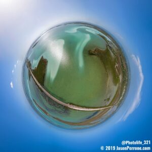 An aerial 360-degree little planet image above park key in the Florida keys.