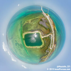 Aerial 360 degree little planet or tiny planet image above Horseshoe Beach on Big Pine Key in the Florida Keys. 