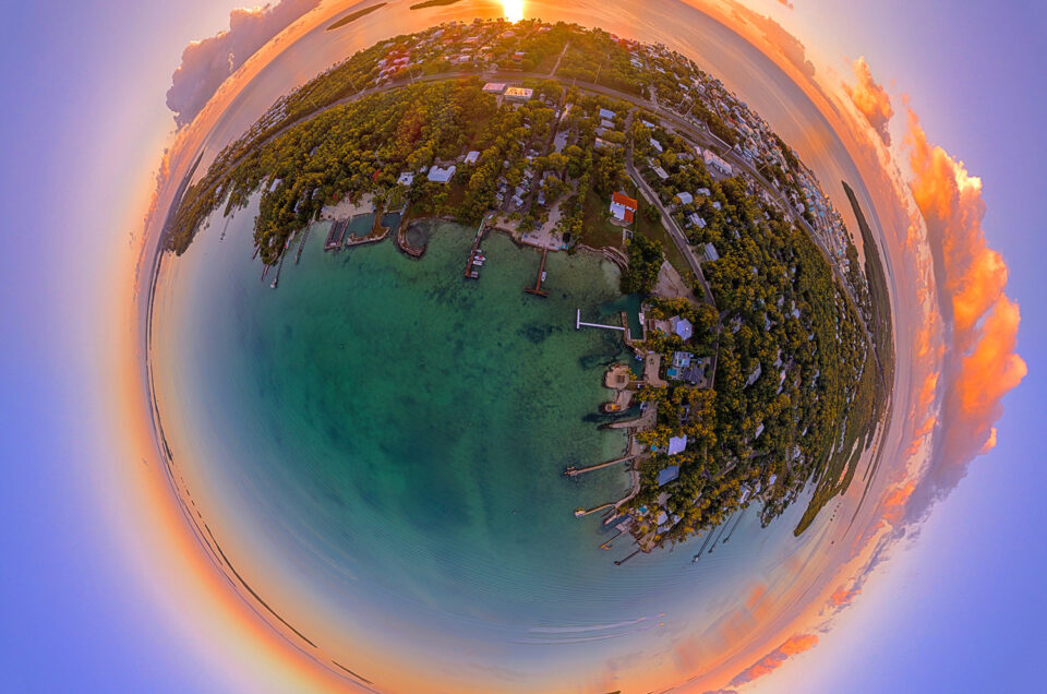Little Planet / Tiny Planet view over Key Largo at sunrise. Photo 2019