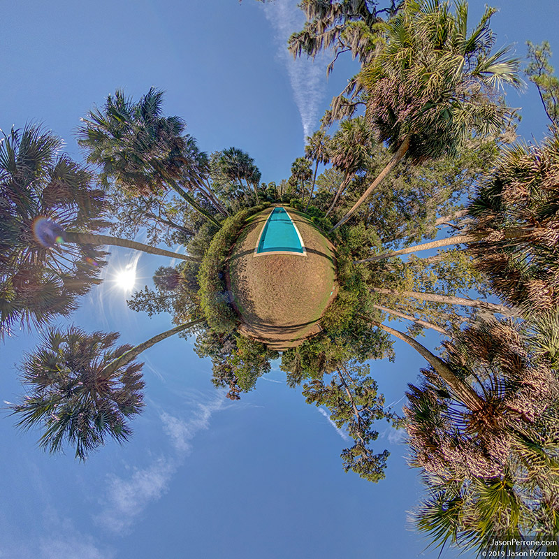 Stereographic projection of the reflection pool at the Alfred B. Maclay Gardens State Park in Tallahassee, Florida.