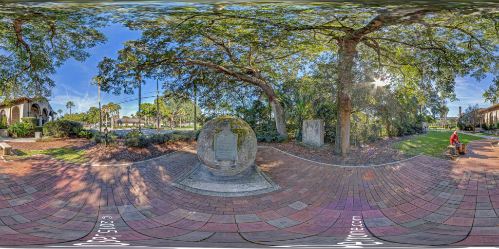 An equirectangular projection of a 360-degree panoramic image was captured at the Old Spanish Trail Zero Marker in St. Augustine, Florida. Image date 2015