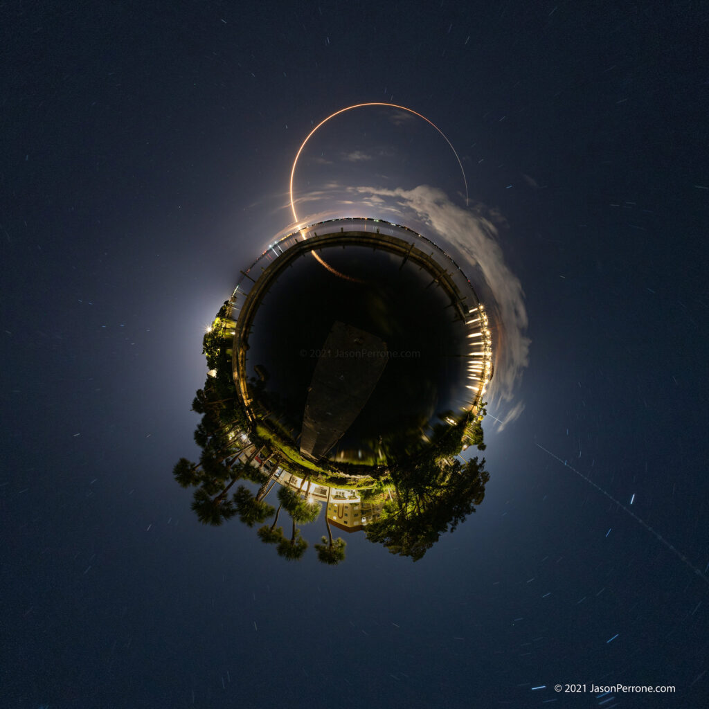 Little Planet or Tiny Planet projection of the above spherical 360-degree panoramic image of a ULA Atlas V rocket carrying NASA's Lucy spacecraft into space. Credit - Jason Perrone