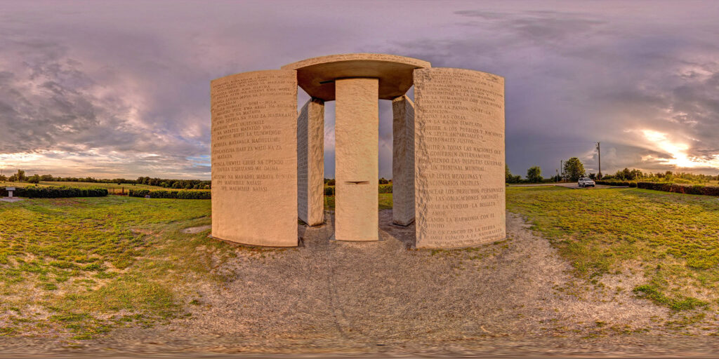 A 360-degree panoramic image was captured at the mysterious Georgia Guidestones in Elbert County, GA. Image date 2015 by Jason Perrone.