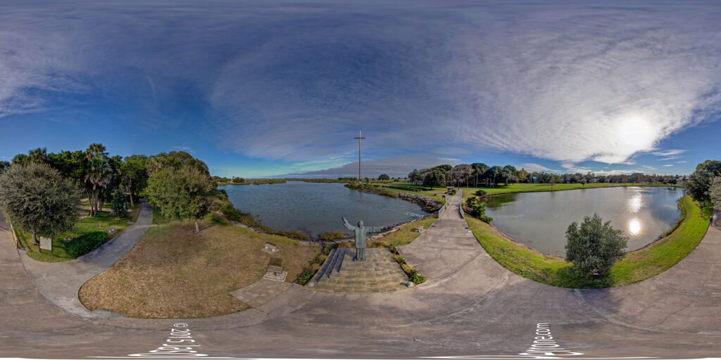Equirectangular projection of a 360-degree spherical panoramic image captured at the Mission Nombre de Dios in St. Augustine, Florida. 