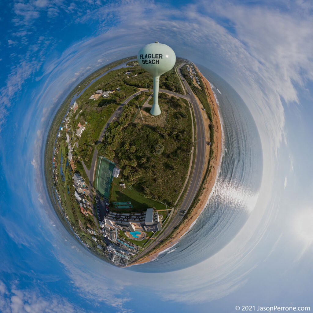 A little planet or tiny planet projection of a 360-degree panoramic image captured at the Flagler Beach water tower. 