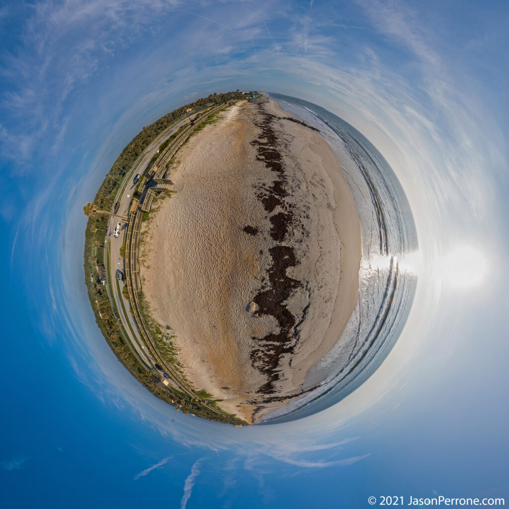 An aerial 360-degree panoramic image in a stereographic projection was captured at the River To Sea Preserve park in Palm Coast, Florida.