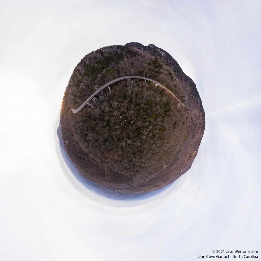 Little planet projection from an aerial 360-degree panoramic image captured above the Linn Cove Viaduct. Photo credit: Jason Perrone
