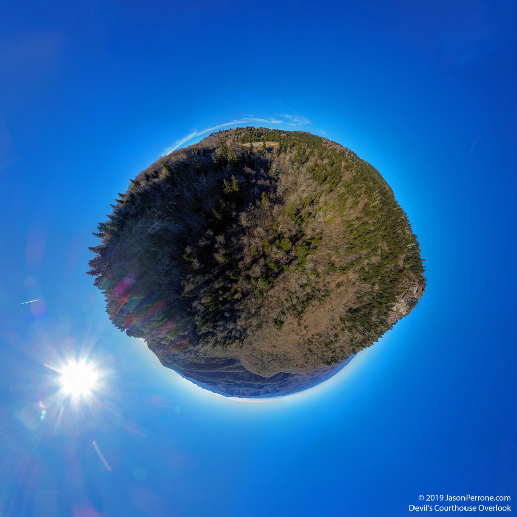 Little planet projection at the Devil's Courthouse overlook along the Blue Ridge Parkway in North Carolina. 