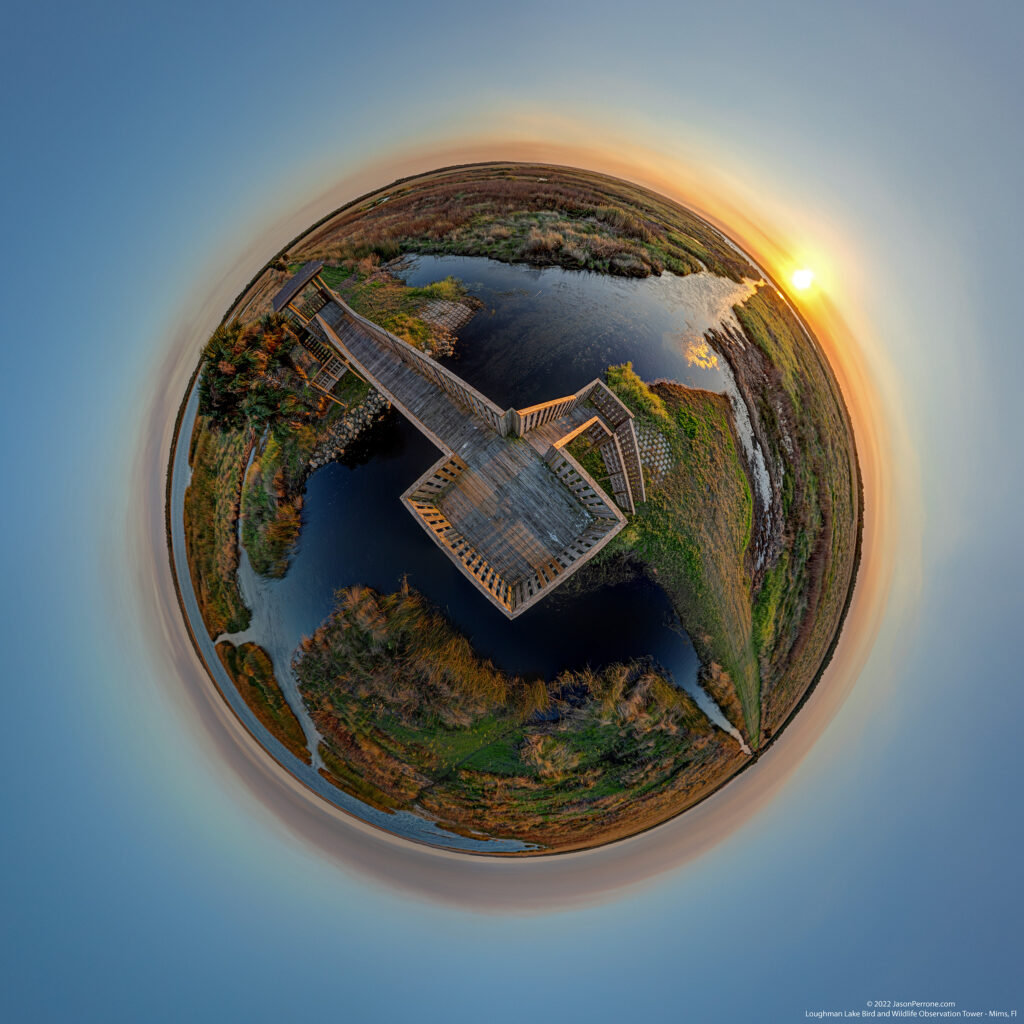 Little planet projection at the Loughman Lake Bird and Wildlife Observation Tower at sunset on 1-7-2022