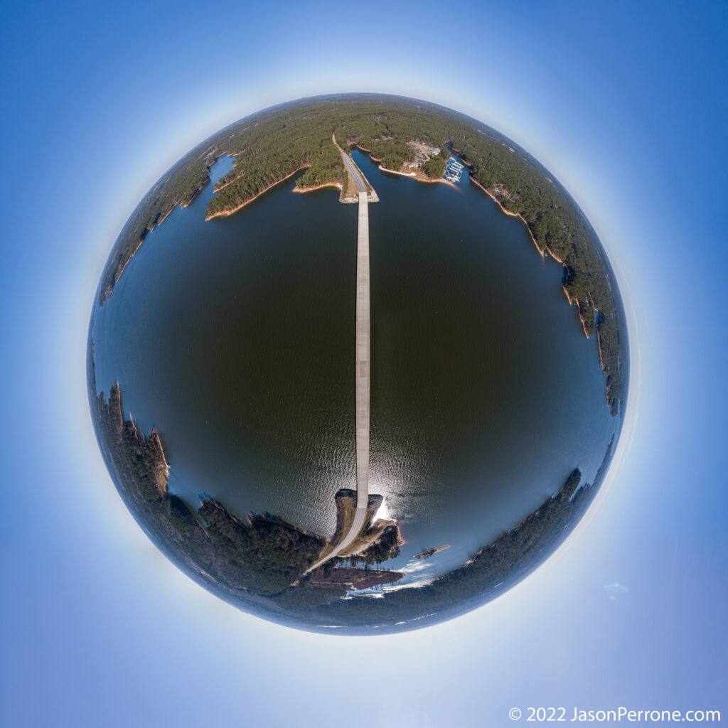Aerial 360-degree panoramic image in a stereographic projection above the Savannah River. 