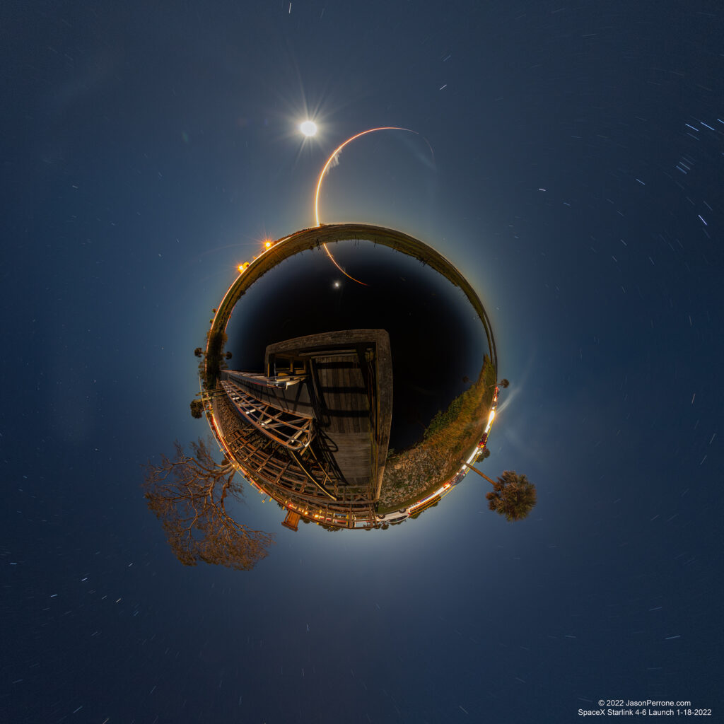 Little planet projection of the SpaceX Starlink Group 4-6 rocket launch on 1-18-2022