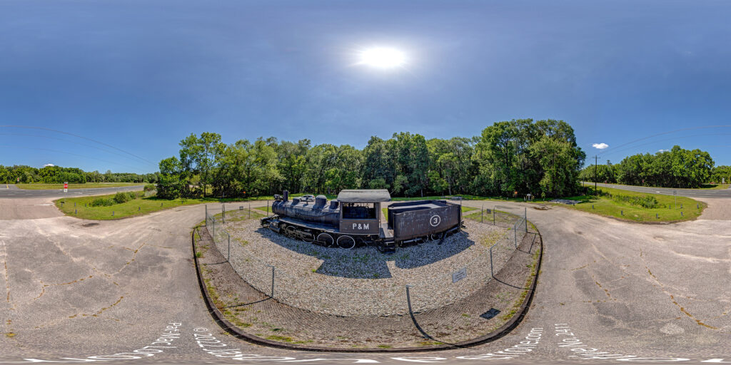 A 360-degree panoramic image of the Patterson-McInnis Train or Pat-Mac locomotive in Levy County, Florida. Image date 5/2022