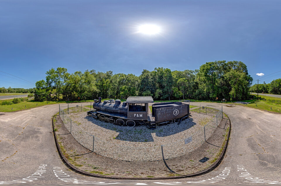 A 360-degree panoramic image of the Pat-Mac locomotive in Levy County, Florida. Image date 5/2022