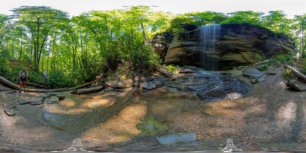 A 360-degree panoramic image captured at the base of Moore Cove Falls in western North Carolina. Image date 7/2018