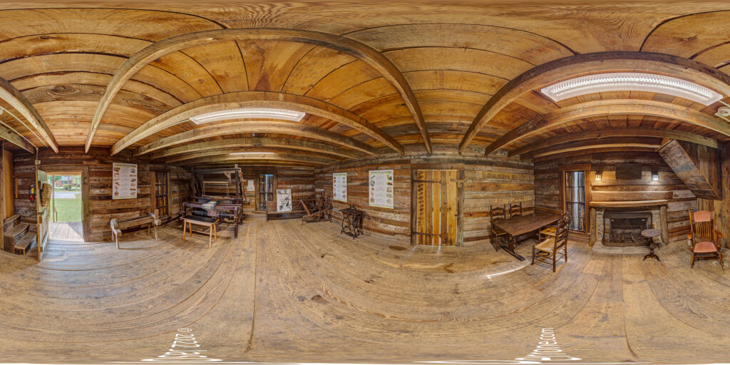 A 360-degree panoramic image inside the Morgan Cabin at the Mountain Gateway Museum in Old Fort, North Carolina. Image date 6/2022