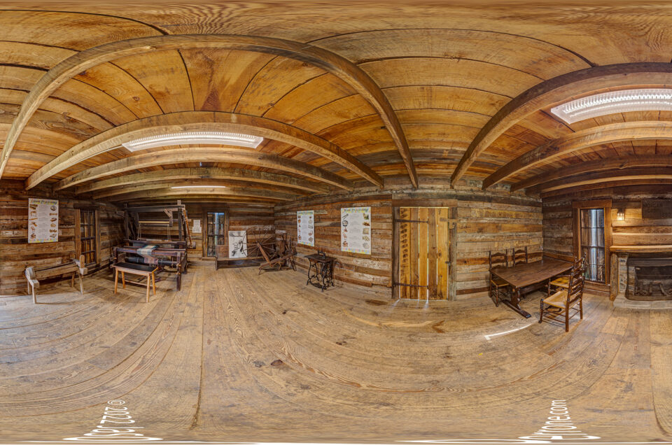 A 360-degree panoramic image inside the Morgan Cabin at the Mountain Gateway Museum in Old Fort, North Carolina. Image date 6/2022