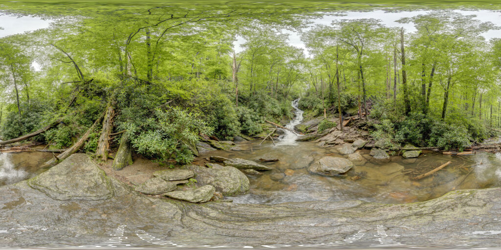 A 360-degree panoramic image at the base of Roaring Fork Falls in North Carolina. 
